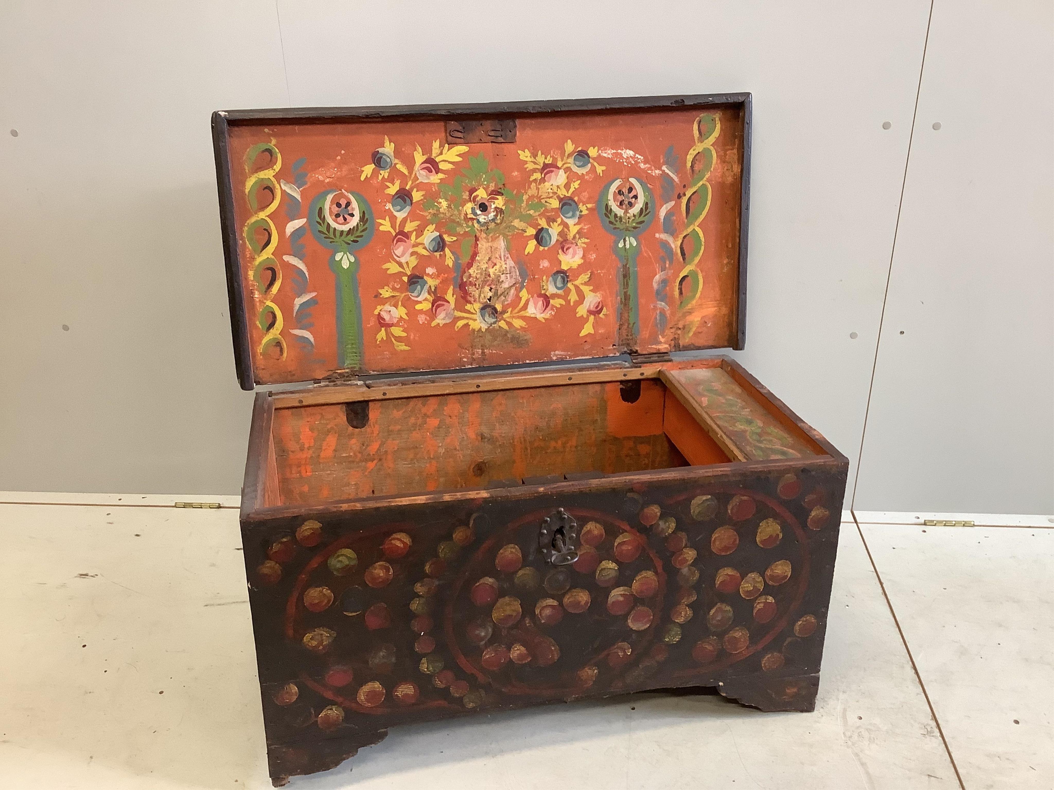 A Victorian floral painted and decorated marriage chest, width 99cm, depth 49cm, height 54cm. Condition - fair